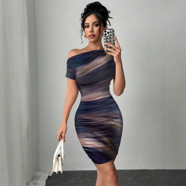 Elegant Tie-dyed Short-sleeved Women's Dress Slim-fit Slimming Sheath