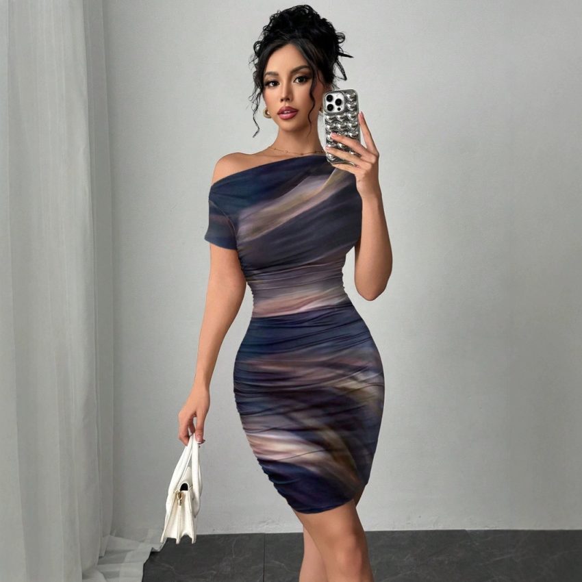 Elegant Tie-dyed Short-sleeved Women's Dress Slim-fit Slimming Sheath