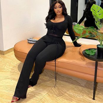 Women's Solid Color Casual Mesh Stitching Long Sleeves Top And Trousers Suit