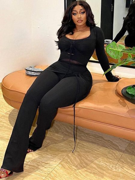 Women's Solid Color Casual Mesh Stitching Long Sleeves Top And Trousers Suit