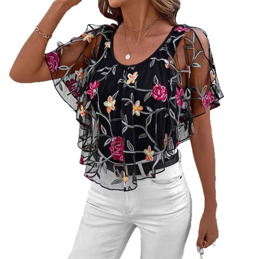 Women's Fashion Top Mesh Stitching Short Sleeve