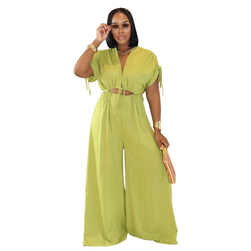 Women's Casual V-neck Lace-up Wide-leg Jumpsuit