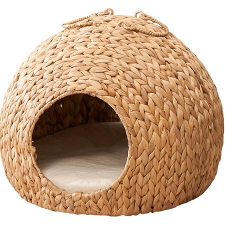Water Hyacinth Woven Wicker Round Cat Bed Cave With Handles