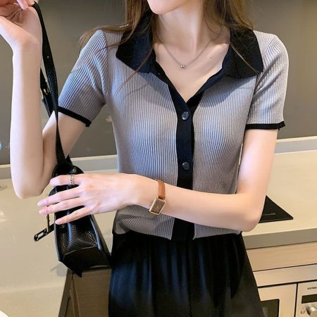 Color Contrast Retro Ice Silk Knitted Cardigan