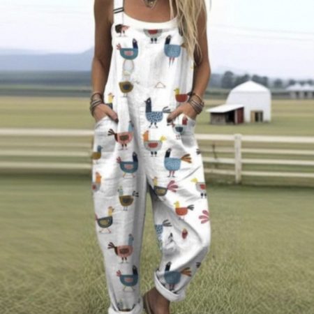 Women's Summer Digital Printing Button Casual Suspender Trousers